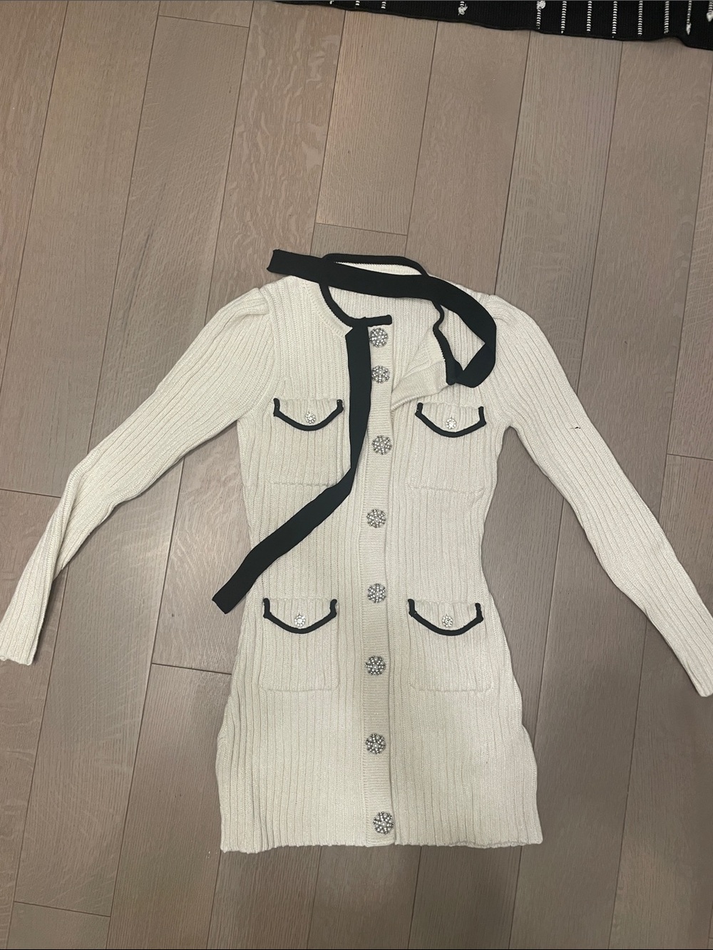 Cream Knit Long-Sleeve Button Dress with Black Trim